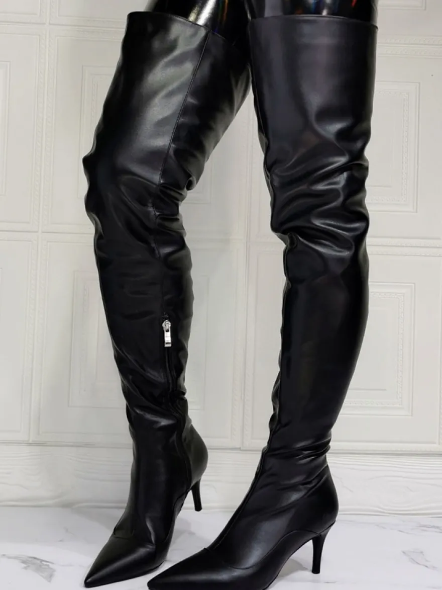 Cuissardes à Talons Hauts Femme avec Bout Pointu à Zip en Cuir Synthétique Unicolore