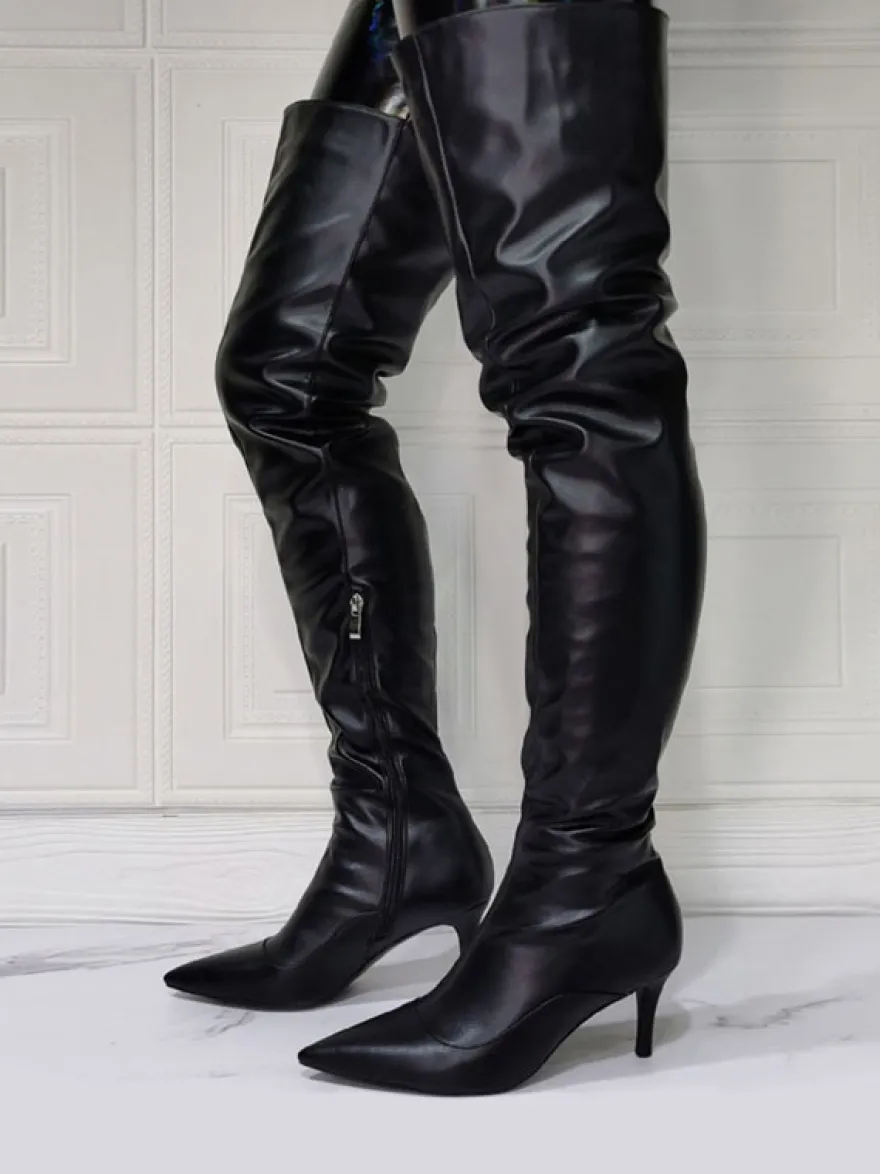 Cuissardes à Talons Hauts Femme avec Bout Pointu à Zip en Cuir Synthétique Unicolore
