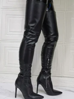 Cuissardes à Talons Hauts Femme avec Bout Pointu à Zip en Cuir Synthétique Unicolore