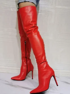 Cuissardes à Talons Hauts Femme avec Bout Pointu à Zip en Cuir Synthétique Unicolore