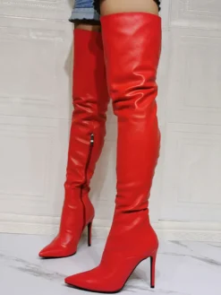 Cuissardes à Talons Hauts Femme avec Bout Pointu à Zip en Cuir Synthétique Unicolore