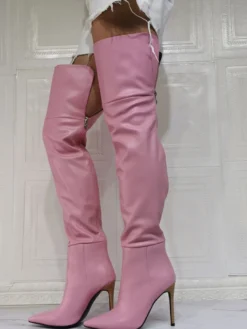 Cuissardes à Talons Hauts Femme avec Bout Pointu à Zip en Cuir Synthétique Unicolore