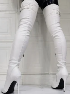 Cuissardes à Talons Hauts Femme avec Bout Pointu à Zip en Cuir Synthétique Unicolore