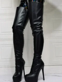 Cuissardes à Talons Hauts Femme avec Bout Pointu à Zip en Cuir Synthétique Unicolore