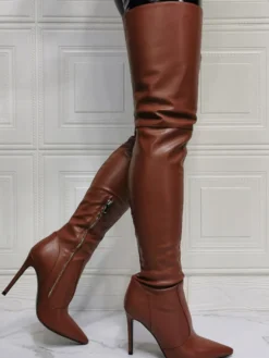 Cuissardes à Talons Hauts Femme avec Bout Pointu à Zip en Cuir Synthétique Unicolore