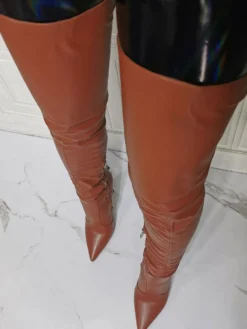 Cuissardes à Talons Hauts Femme avec Bout Pointu à Zip en Cuir Synthétique Unicolore