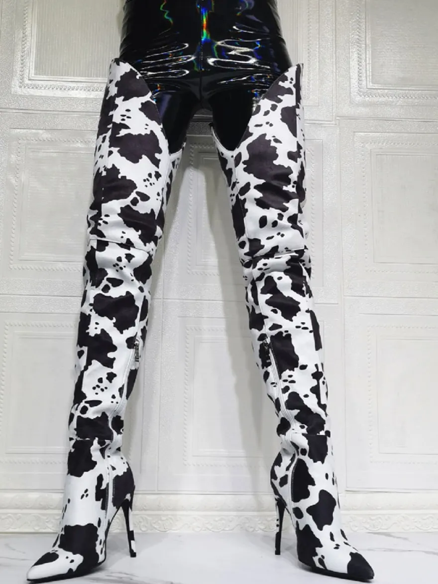 Cuissardes à talons hauts imprimé vache pour femmes