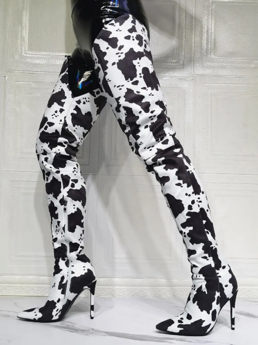 Cuissardes à talons hauts imprimé vache pour femmes