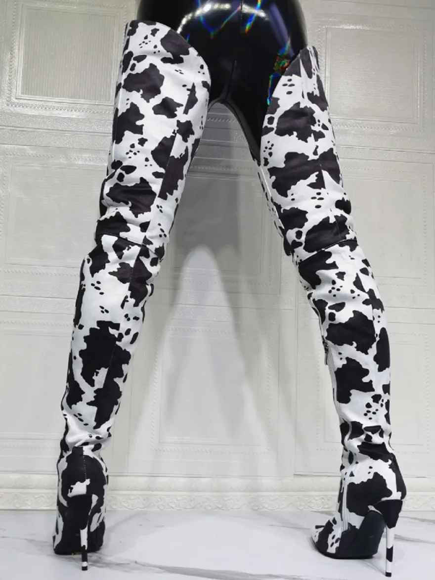Cuissardes à talons hauts imprimé vache pour femmes