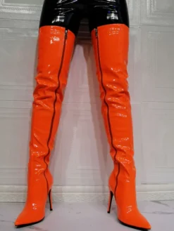 Cuissardes à talons hauts pour femmes en cuir verni brillant orange