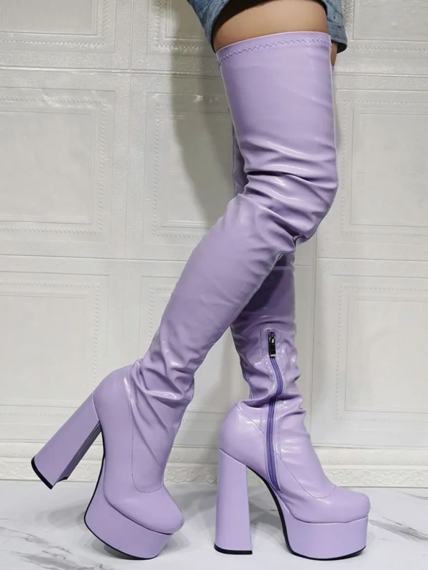 Cuissardes violettes sexy à plateforme et talon bloc au dessus du genou