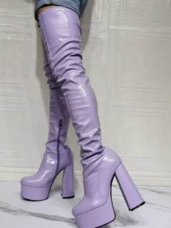 Cuissardes violettes sexy à plateforme et talon bloc au dessus du genou