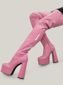Cuissardes violettes sexy à plateforme et talon bloc au dessus du genou