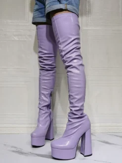 Cuissardes violettes sexy à plateforme et talon bloc au dessus du genou