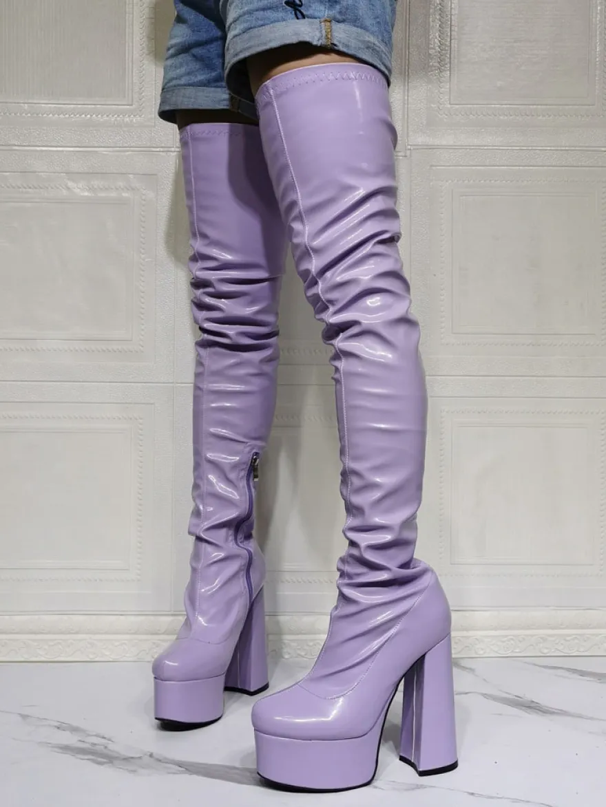 Cuissardes violettes sexy à plateforme et talon bloc au dessus du genou