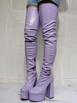 Cuissardes violettes sexy à plateforme et talon bloc au dessus du genou