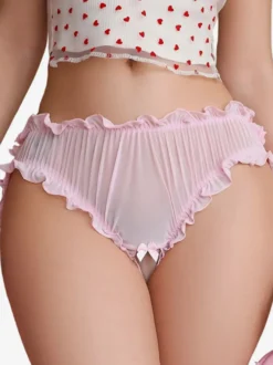 Culotte en maille transparente pour femme ornée de volants et d'un nœud taille basse lingerie féminine mignonne et délicate.