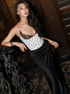 Débardeur blanc à bretelles col à pois dos nu style décontracté pour femme été