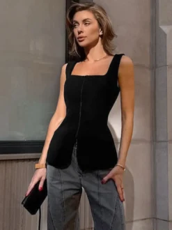 Débardeur blanc à bretelles et fermeture éclair au col sexy en viscose pour femme