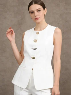 Débardeur blanc à col bijou et boutons chics pour femmes