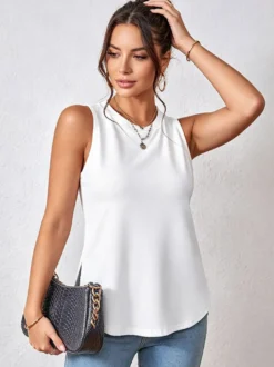 Débardeur blanc à col rond fendu sur le devant style décontracté pour femme