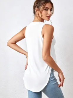 Débardeur blanc à col rond fendu sur le devant style décontracté pour femme