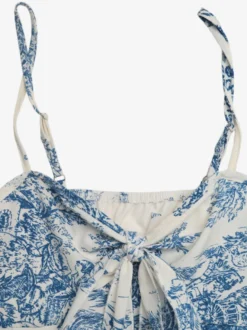 Débardeur bleu à bretelles col lacé dos nu imprimé chic pour femme