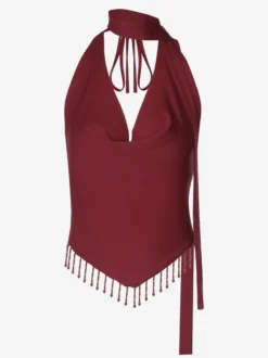 Débardeur bordeaux à bretelles franges au col et épaules dénudées sexy pour femme