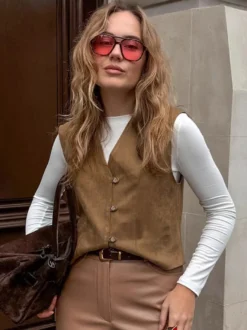 Débardeur kaki à col V vêtements chics débardeurs en daim pour femmes