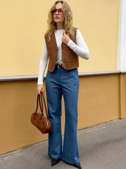 Débardeur kaki à col V vêtements chics débardeurs en daim pour femmes
