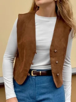 Débardeur kaki à col V vêtements chics débardeurs en daim pour femmes