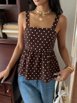 Débardeur marron foncé à bretelles col lacé chic à pois pour femme