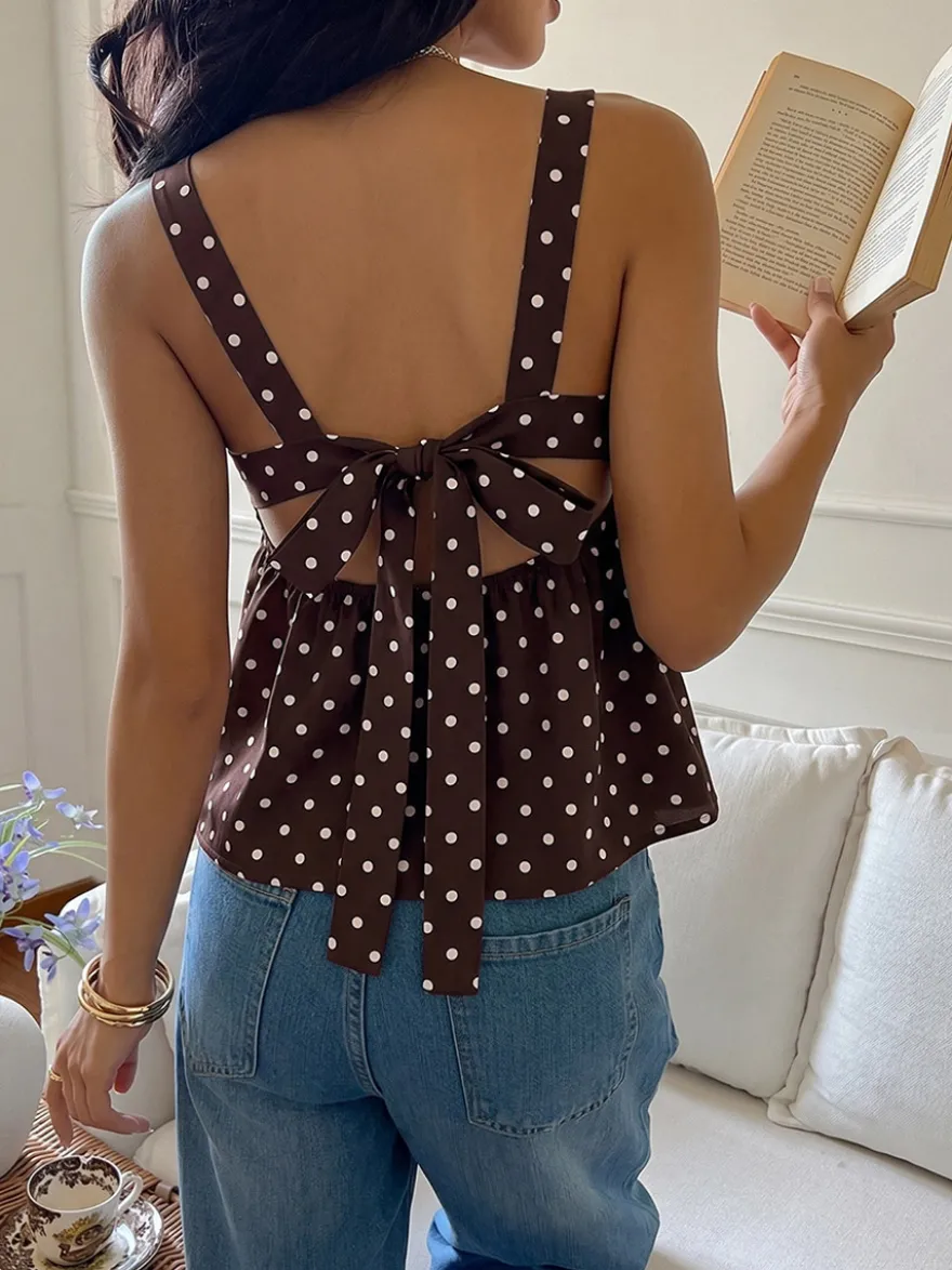 Débardeur marron foncé à bretelles col lacé chic à pois pour femme