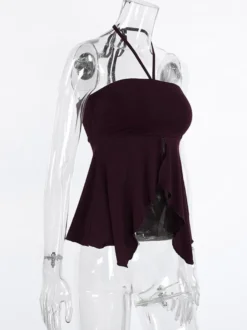 Débardeur marron à volants dos nu en lycra spandex chic et élégant pour femmes