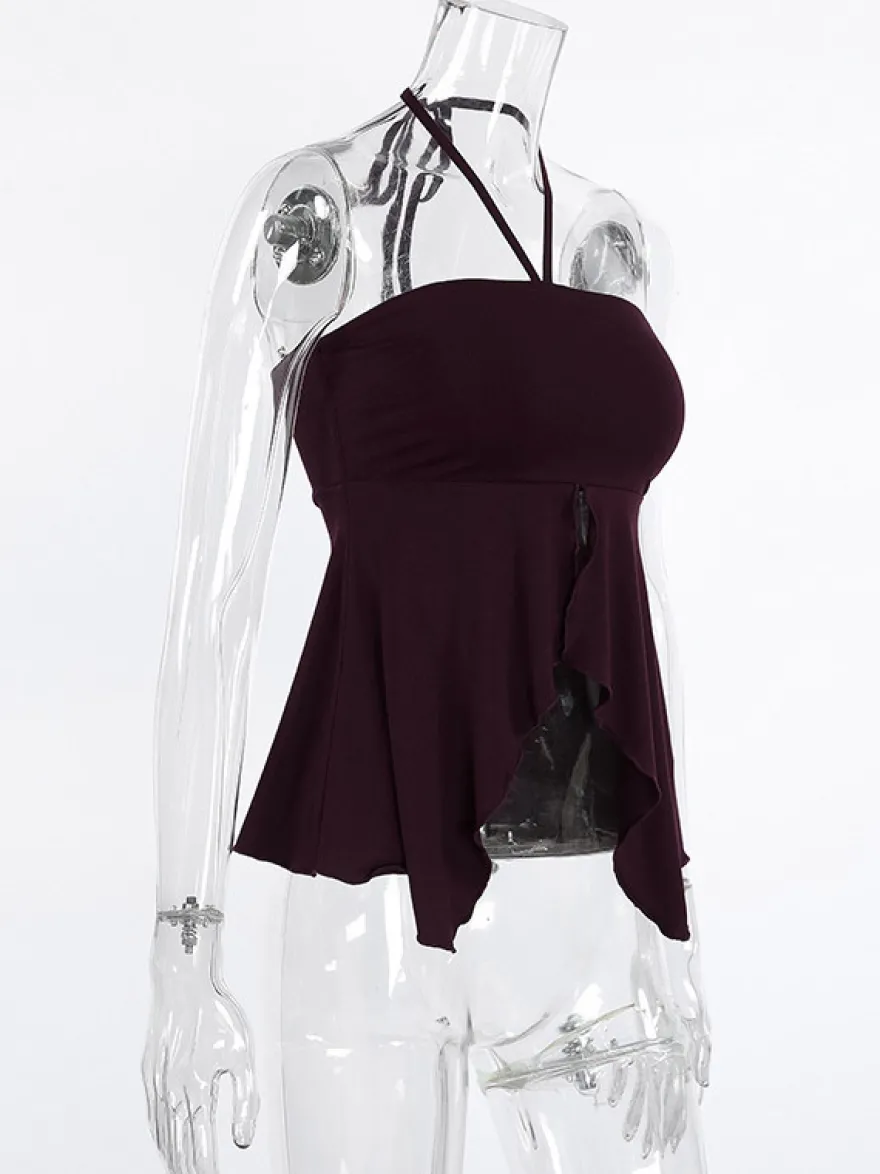 Débardeur marron à volants dos nu en lycra spandex chic et élégant pour femmes