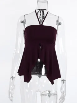 Débardeur marron à volants dos nu en lycra spandex chic et élégant pour femmes