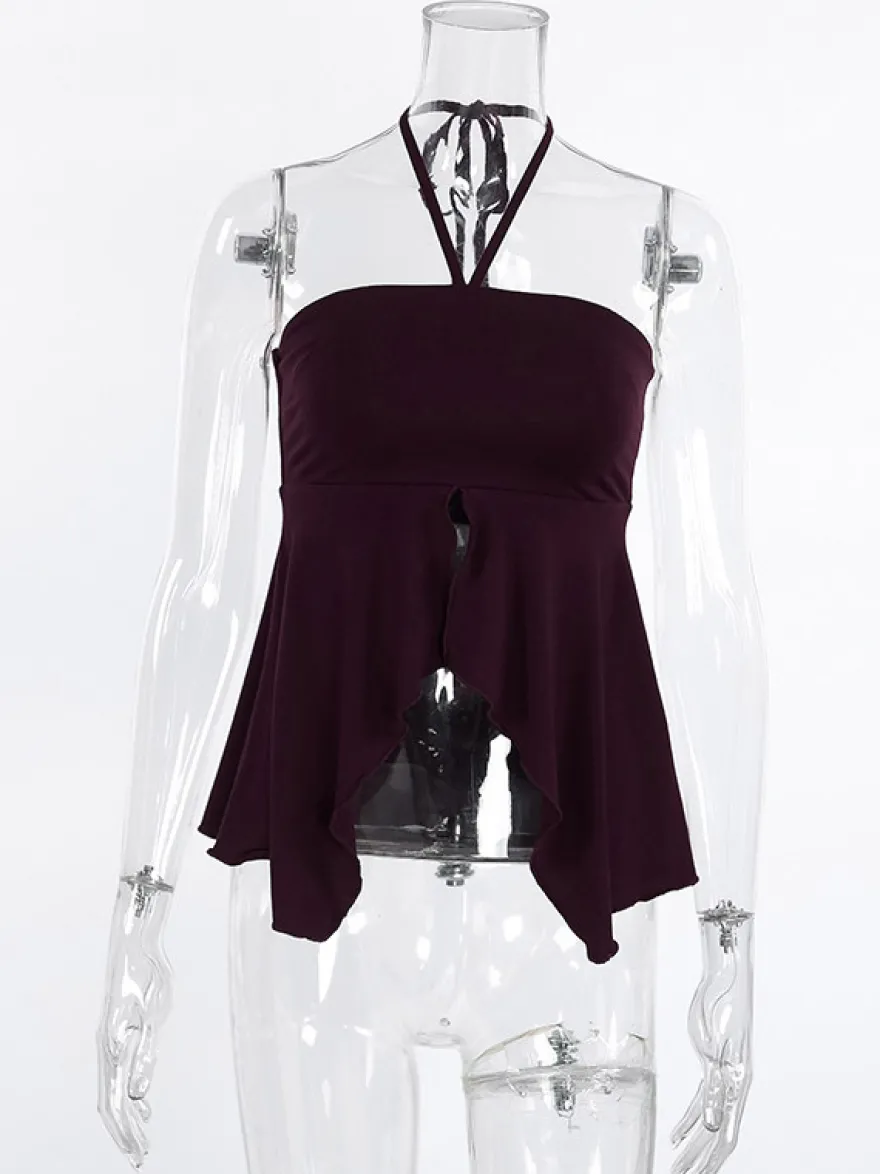 Débardeur marron à volants dos nu en lycra spandex chic et élégant pour femmes