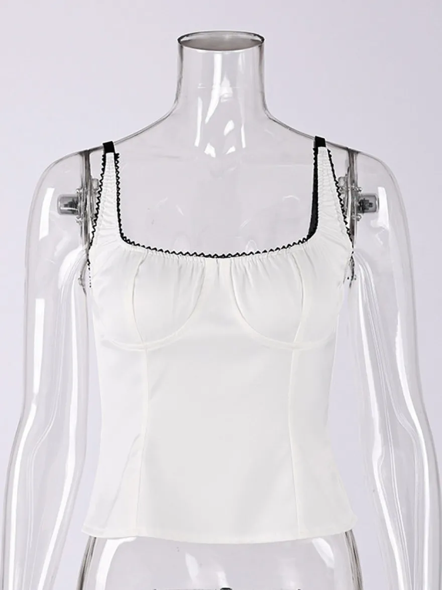 Débardeur noir à col carré plissé style décontracté pour femme été