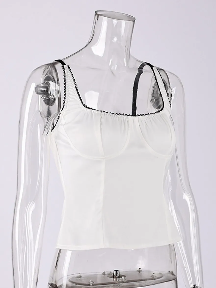 Débardeur noir à col carré plissé style décontracté pour femme été