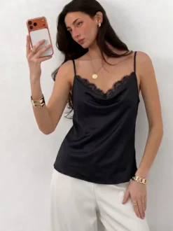 Débardeur noir à col en V en dentelle chic pour femmes