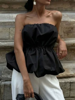 Débardeur rose sans bretelles plissé sexy dos nu en coton pour femme