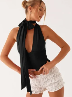 Débardeur rouge dos nu à lacets sans manches sexy pour femme