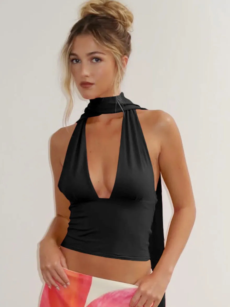 Débardeur rouge dos nu à lacets sans manches sexy pour femme