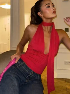 Débardeur rouge dos nu à lacets sans manches sexy pour femme