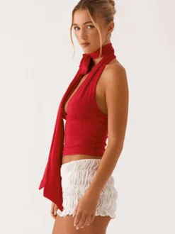 Débardeur rouge dos nu à lacets sans manches sexy pour femme