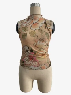 Débardeur sans manches en maille à col montant froncé et imprimé floral vintage pour femme 2026