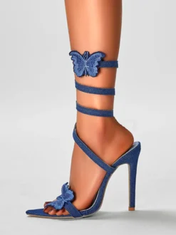 Demin sandales à talons femmes bout ouvert détail papillon sandales à talons hauts à lanières
