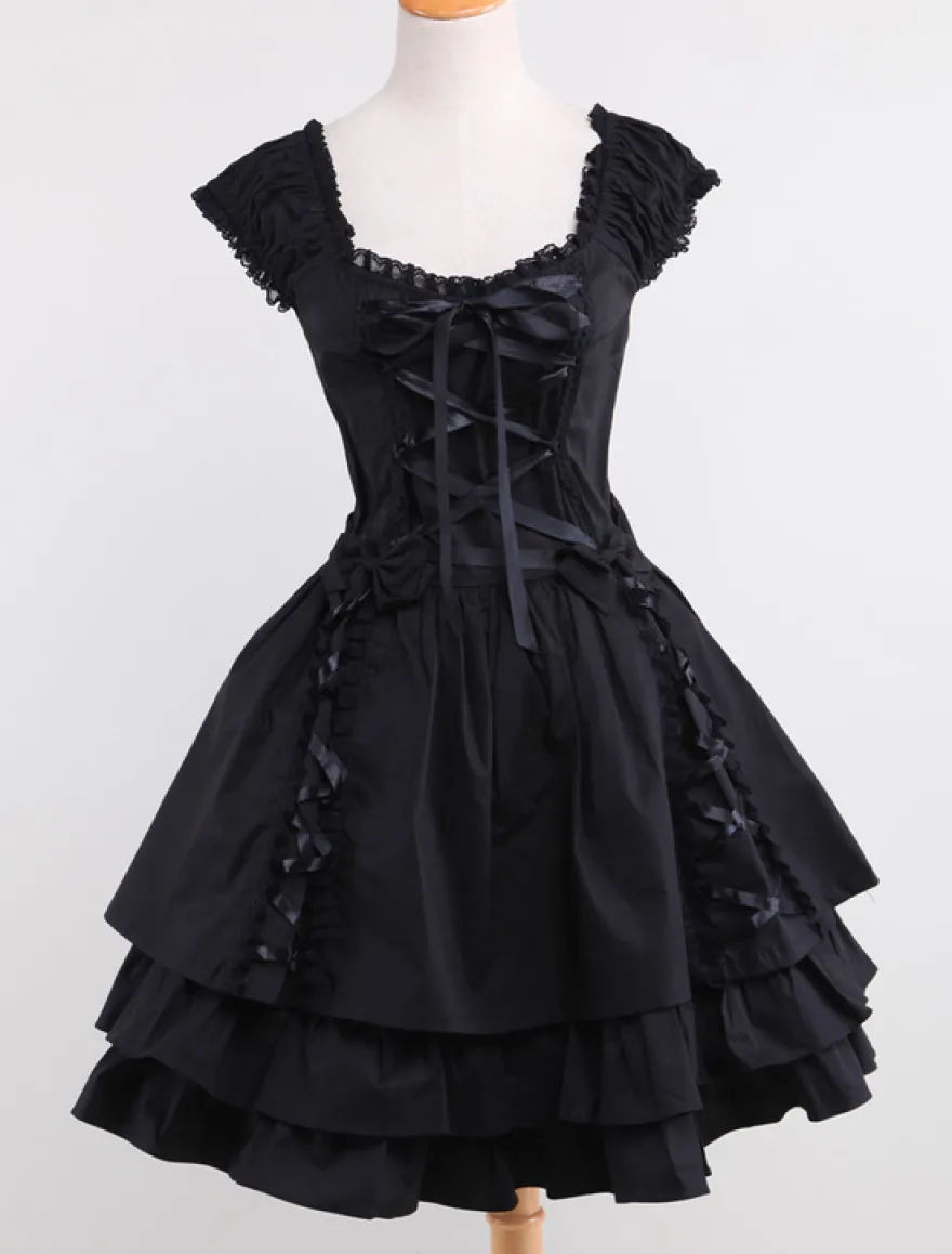 Dentelle de coton noir Lolita Robe OP 3 Lyers Hem Déguisements