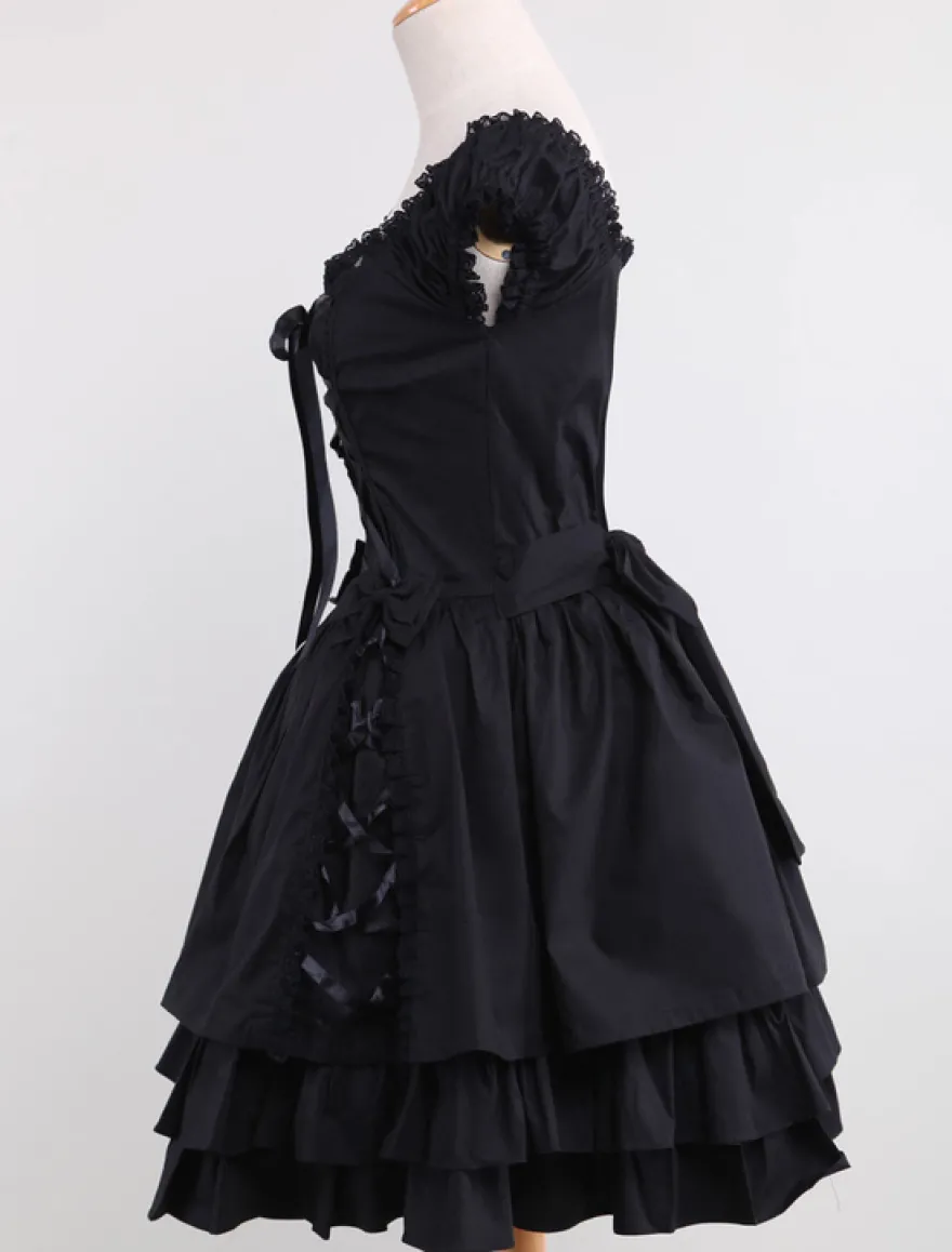 Dentelle de coton noir Lolita Robe OP 3 Lyers Hem Déguisements