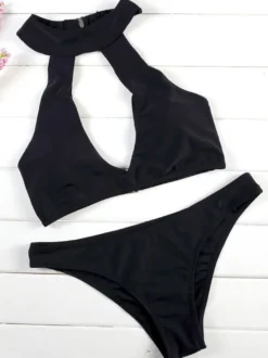 Deux Pièces Maillots de Bains Femmes Etés Sexy Taille Haute avec Bretelles à Col Rond Ouvert sur Devant Unicolore